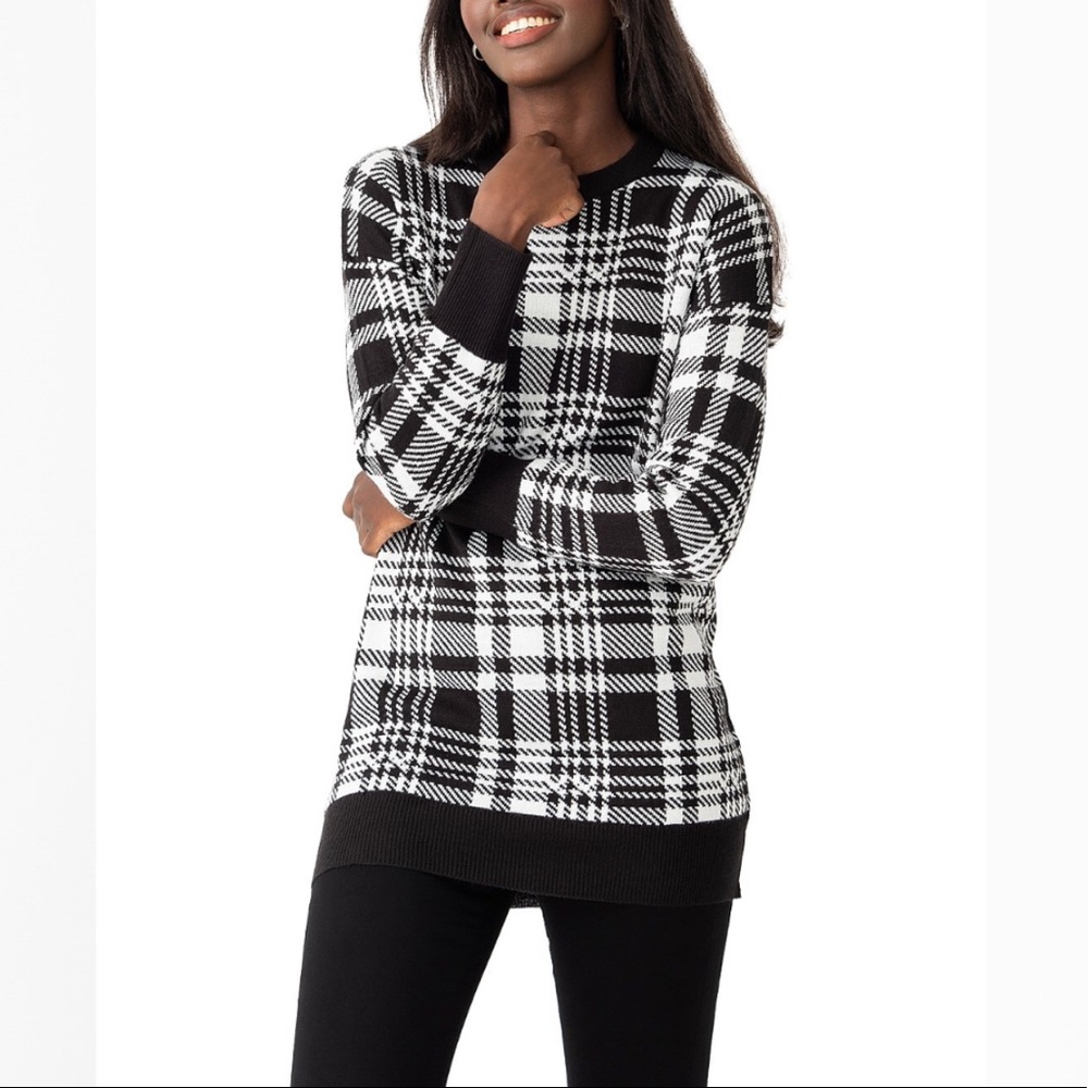 B&W PLAID CREW NECK SWEATER TUNIC